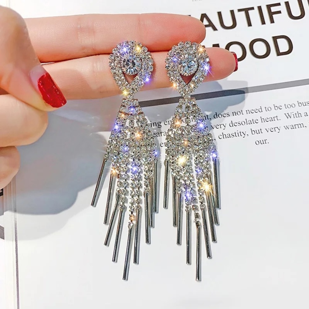 tassel fringe crystal rhinestone drop earrings - Picture 3 of 4